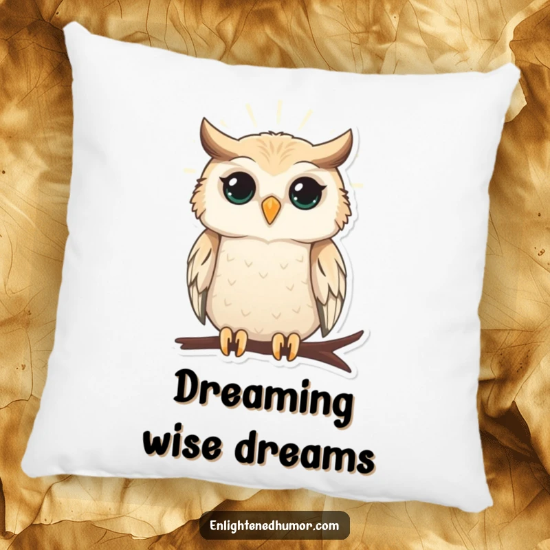 Funny pillow featuring a wise owl radiating gentle light, offering comfort and a peaceful, humorous presence.