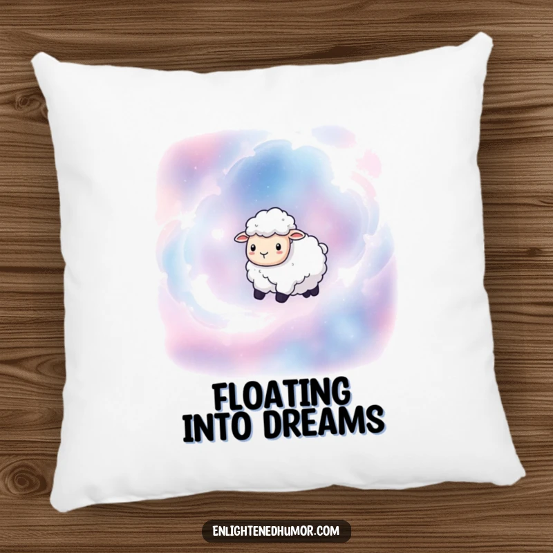 Funny pillow featuring a serene sheep floating through vibrant nebulae, offering soft comfort and a touch of cosmic whimsy.