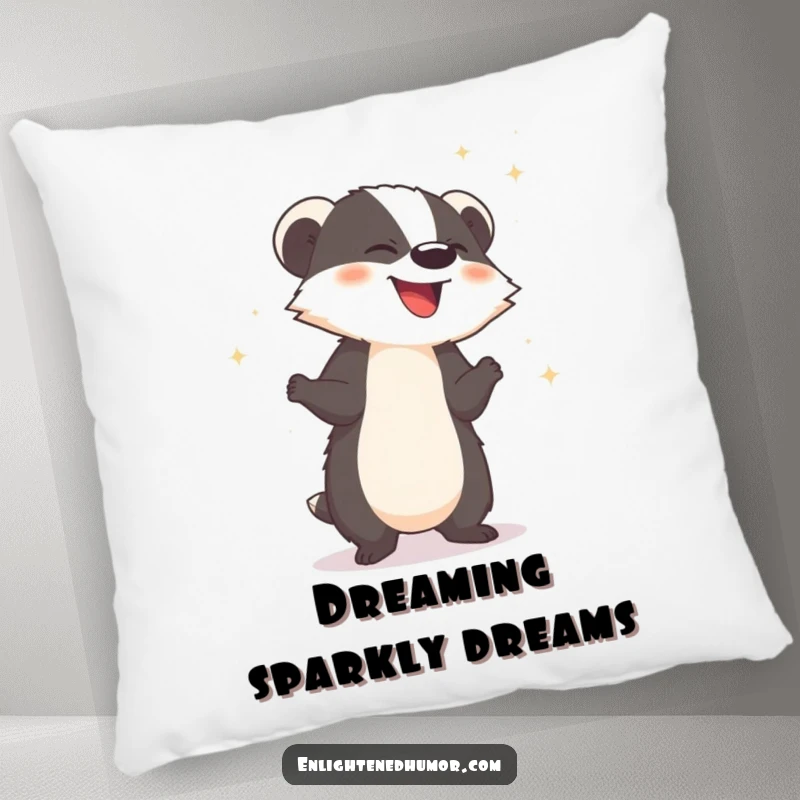 Funny pillow featuring a giggling badger releasing sparkling dust, offering comfort and enchantment.