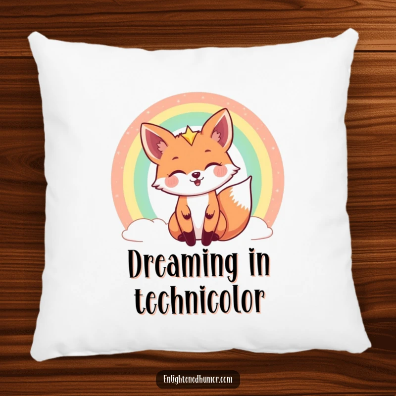 Funny celestial fox pillow featuring a joyful fox peeking out from behind a vibrant rainbow, offering soft, enchanting comfort and joy.