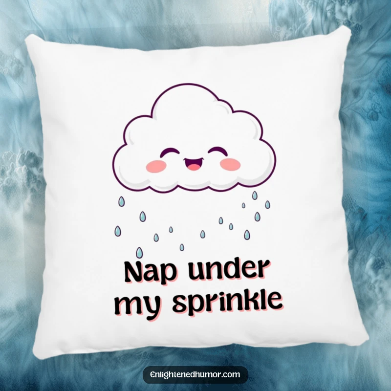 Funny laughing cloud character on a pillow, raining gentle, sparkly droplets, soft and decorative funny item.