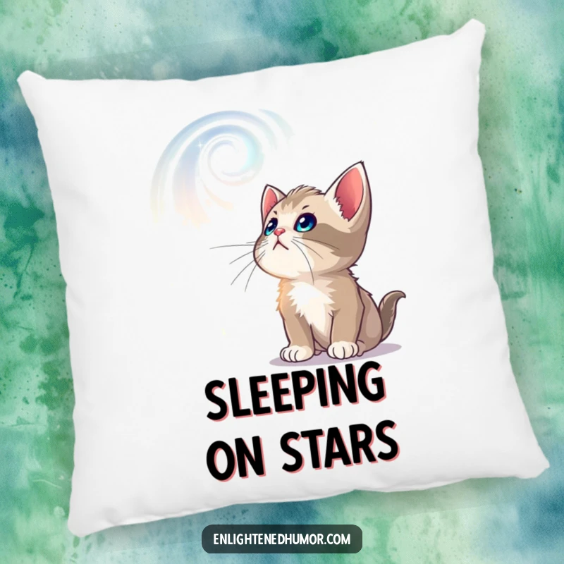 Funny pillow featuring a curious kitten gazing at swirling, luminous celestial patterns, providing comfort and a touch of wonder.