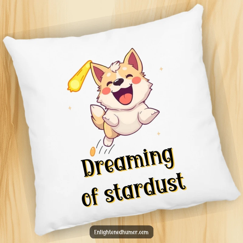 Funny celestial dog pillow, showing an ecstatic canine barking joyfully while pursuing a celestial comet.