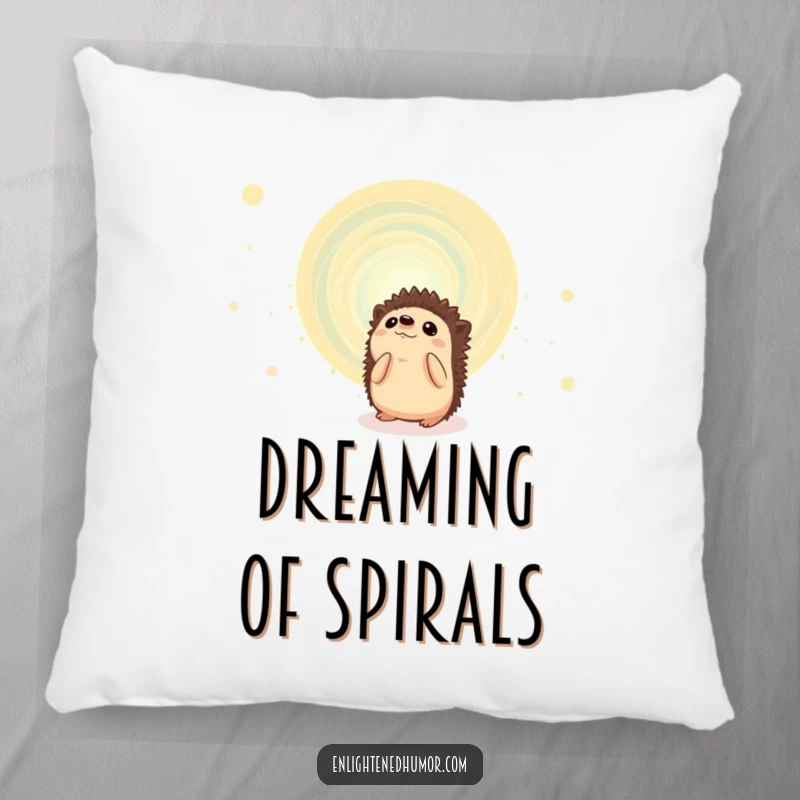 Funny hedgehog pillow with a soft texture, depicting a curious creature gazing at a swirling cosmic energy vortex, cozy and amusing.
