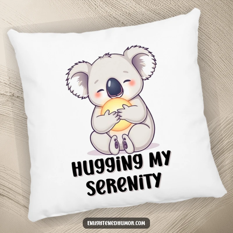 Funny pillow featuring a serene koala embracing a radiant orb, offering comfort and calm.