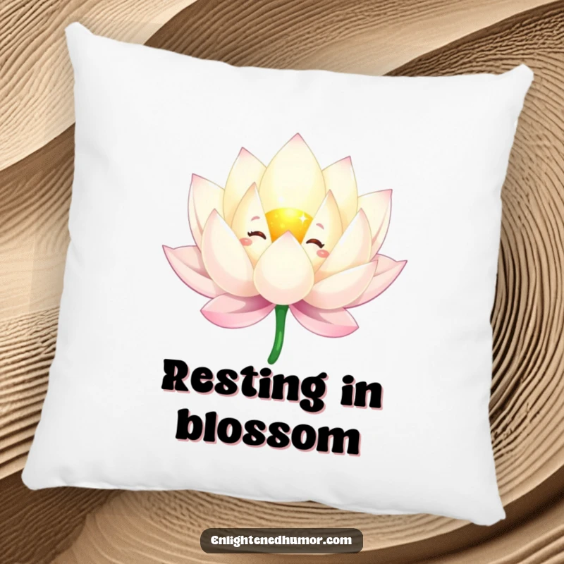 Funny pillow featuring a sparkling lotus flower character floating gracefully, with soft, elegantly depicted petals.