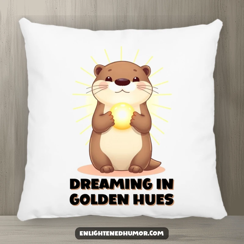 Funny Otter Pillow: Soft pillow featuring a radiant otter in golden light, holding a glowing orb, perfect for cozying up.