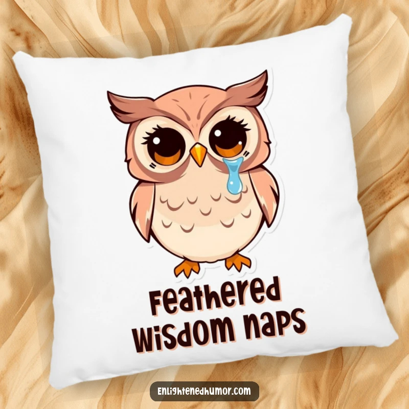 Funny kawaii owl pillow with wide, enlightened eyes shedding a tear of joy, offering soft comfort and emotional humor.
