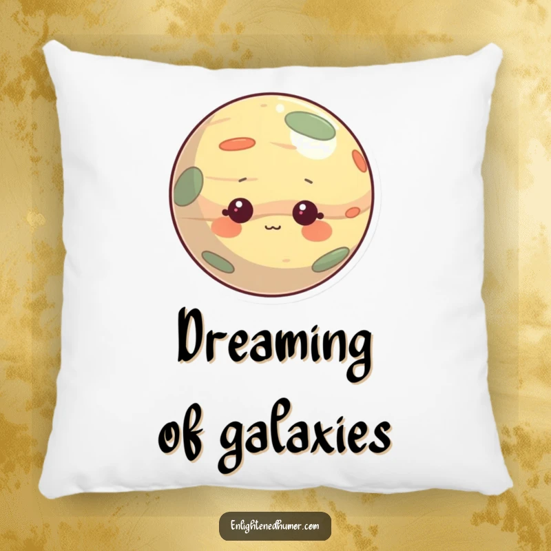 Funny pillow featuring a curious planet character with a gentle, observant expression, offering plush comfort and cosmic humor. Great for relaxation.