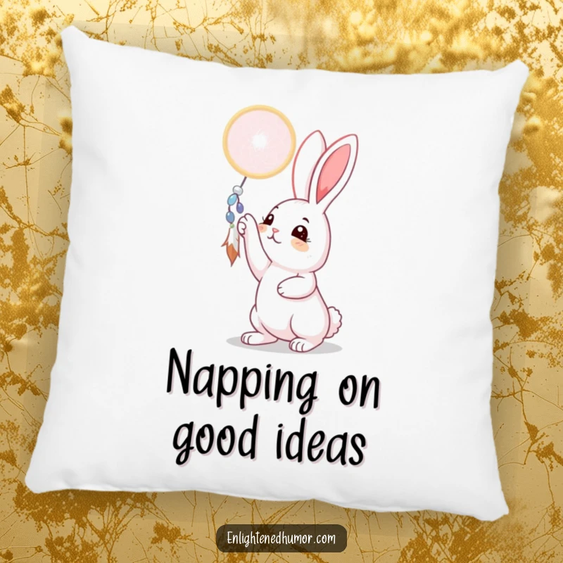 Funny rabbit pillow with a curious bunny reaching for a shimmering dreamcatcher, offering comfort and whimsical charm, a perfect decorative and funny gift.