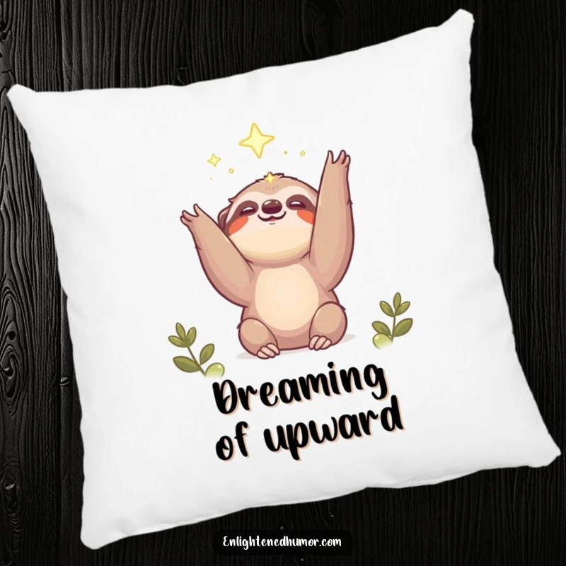 Funny kawaii sloth pillow with a smiling creature reaching for a shining light, adding a touch of dreamy comfort.