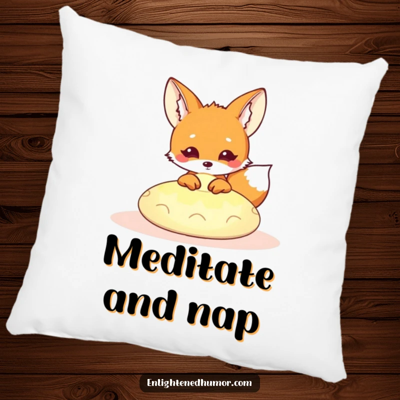 Funny Kawaii Fox Pillow: Adorable fox contentedly peeking from a glowing meditation cushion, perfect for cozy, humorous decor. A great funny gift.