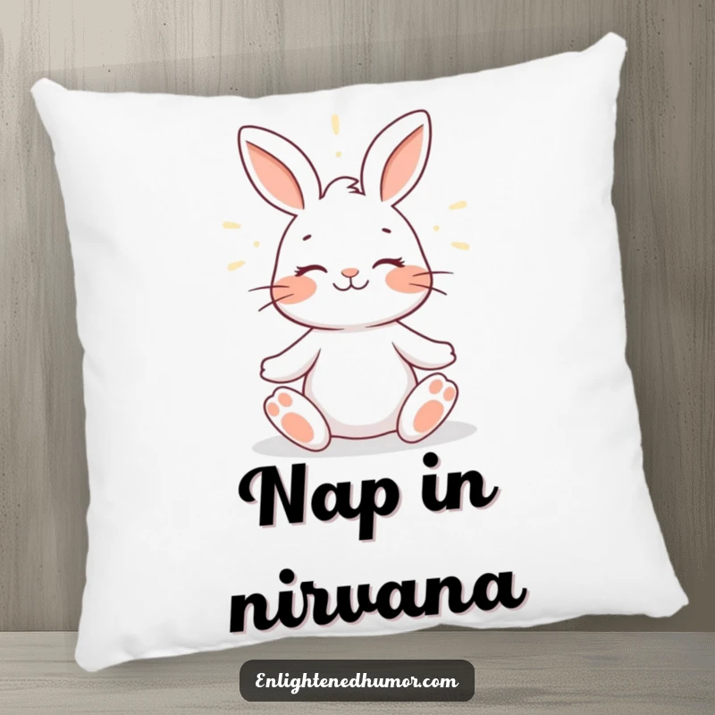 Funny rabbit pillow design featuring a smiling rabbit meditating peacefully, illuminated by a gentle halo of light, offering comfort and humor.