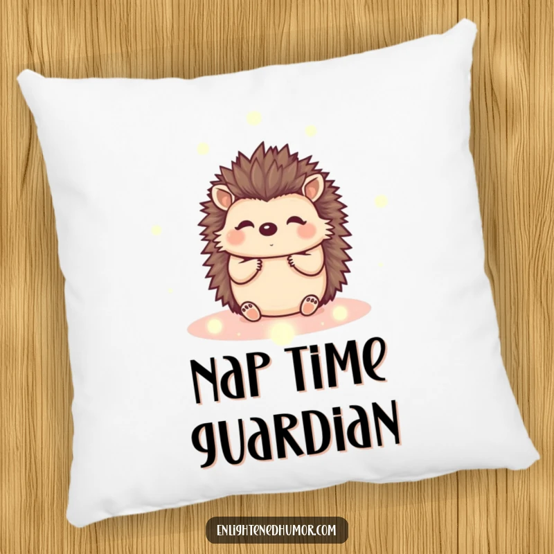Funny kawaii hedgehog pillow with a cute animal and peaceful energy orbs, adding a touch of calm to any seating area.
