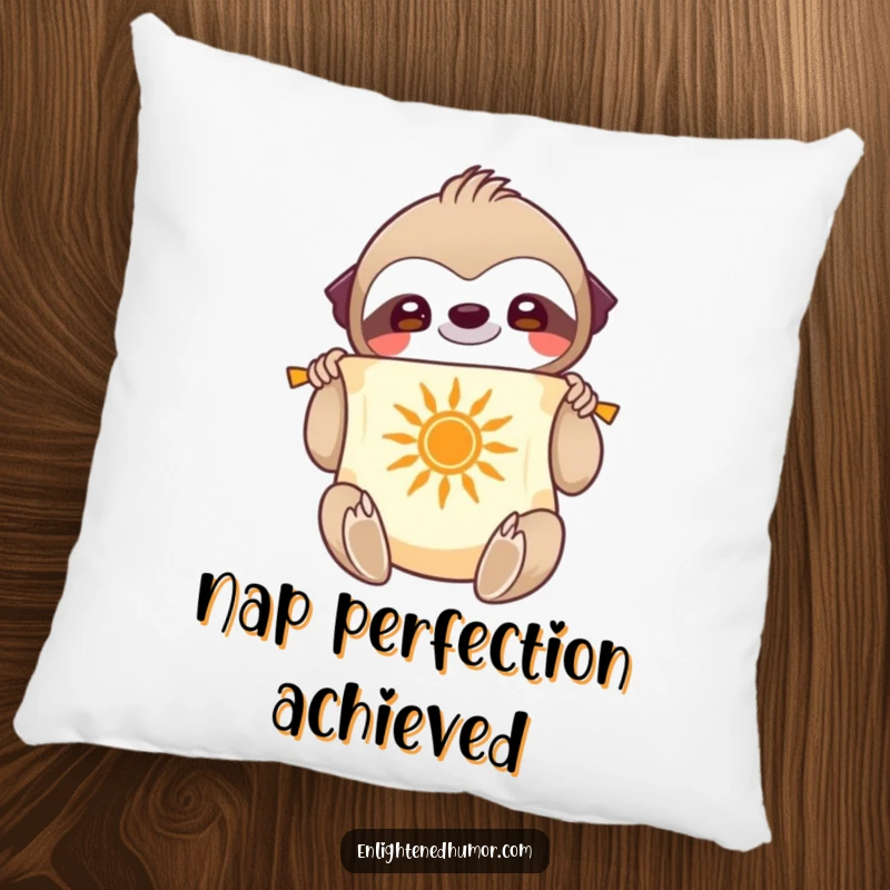 Funny Pillow: Smiling sloth character unfurling a scroll with a radiant sun symbol, resting on a couch, soft and cozy.