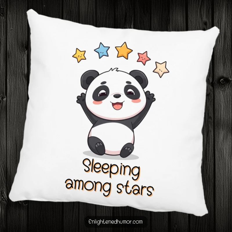 Funny pillow featuring a playful panda reaching for stars, offering comfort and sweet dreams.