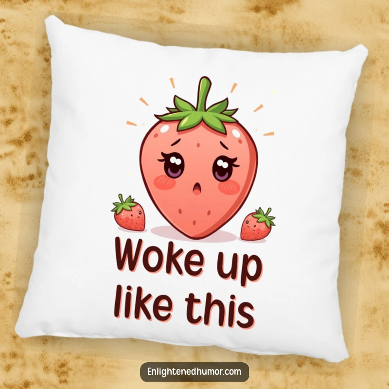 Funny Strawberry Enlightenment Pillow displaying a surprised strawberry with wide eyes, having a sudden, humorous moment of epiphany.