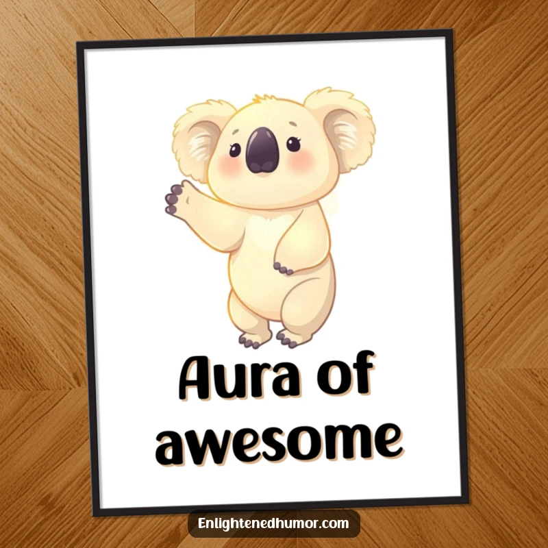 Funny digital art print of a glowing koala reaching upwards, bathed in a soft aura, symbolizing peace and gentle aspiration.