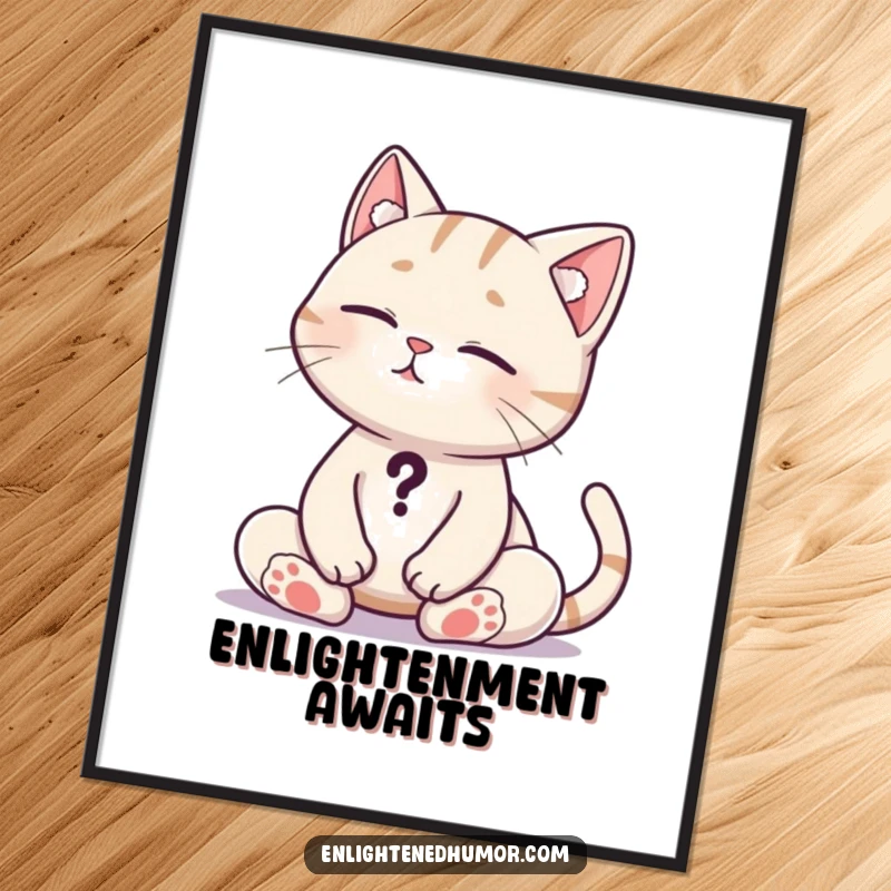 Funny Cat Zen Digital Art: Printable art of a meditating cat, tail a question mark, radiating zen. Great funny gift.