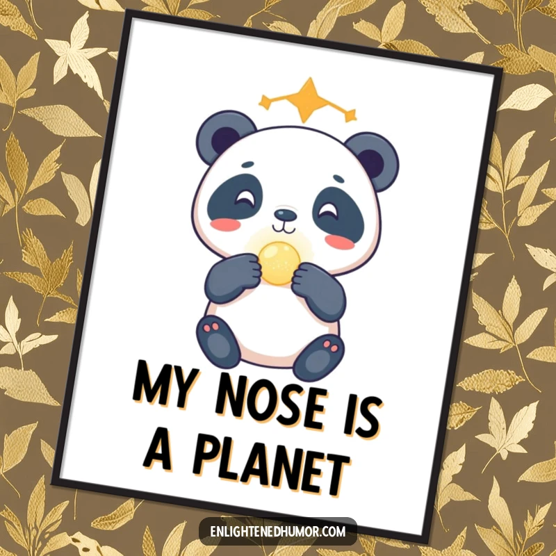 Funny celestial panda digital art print of a gleeful panda balancing a tiny glowing orb on its nose, capturing cosmic whimsy.