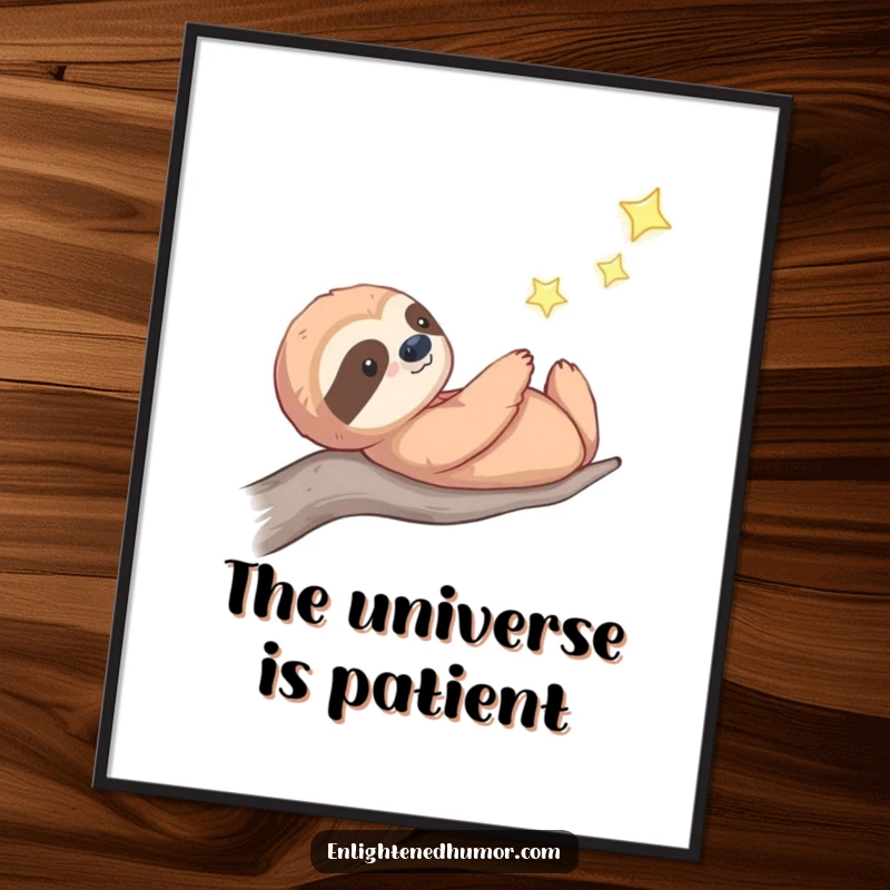 Funny celestial sloth digital art print of a thoughtful sloth gazing at a distant, twinkling star, capturing serene cosmic beauty.