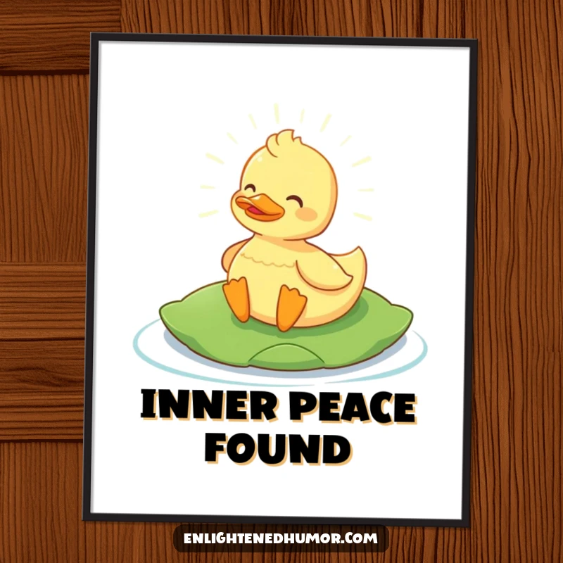 Funny Content Duck Digital Art: Printable art of a serene duck glowing on a lily pad, radiating peace and humor. Great funny gift.
