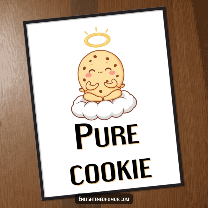Funny Cookie Meditation Digital Art Print of an exuberant cookie meditating on a cloud with a halo, offering sweet, humorous art.