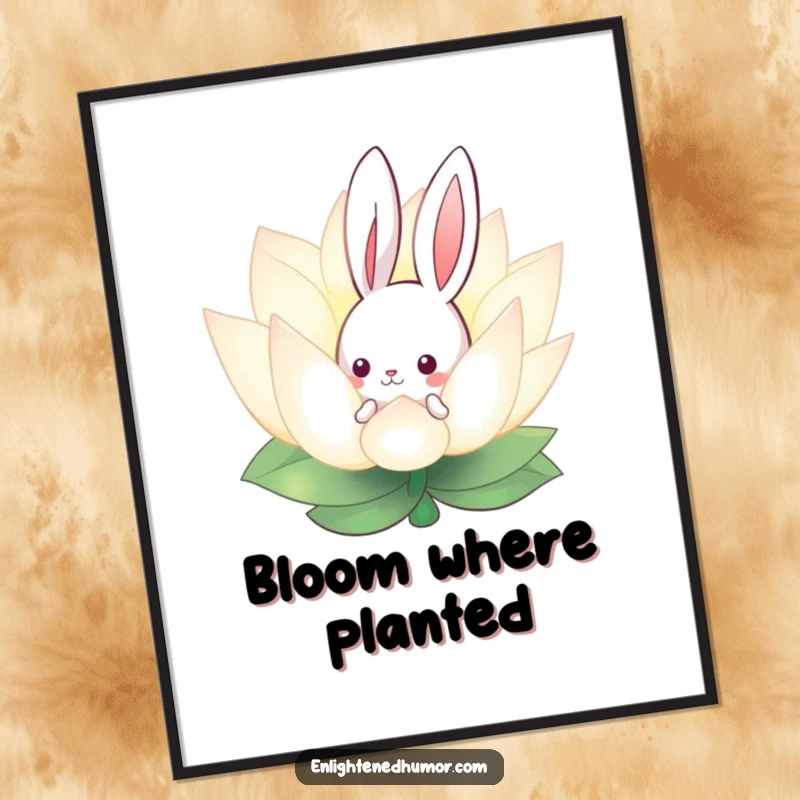 Funny digital art print of a curious bunny peeking from behind a glowing lotus flower, adding peaceful enchantment and humor.
