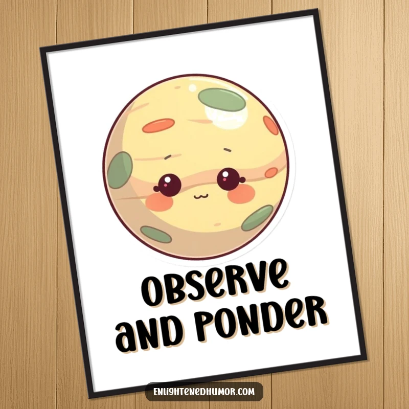 Funny digital art print of a curious planet character, gentle and observant, capturing a moment of cosmic wonder. Perfect for wall art.