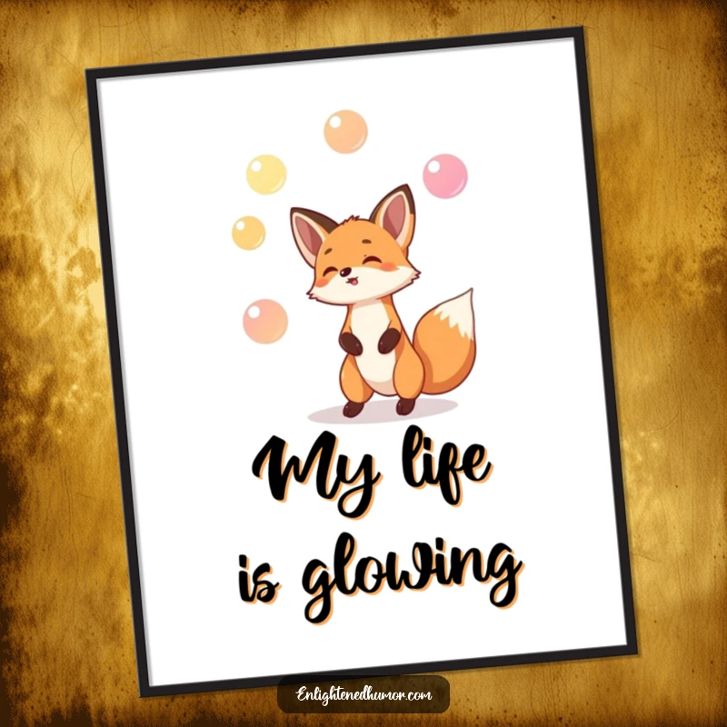 Funny digital art print of a playful fox juggling three tiny, glowing orbs, capturing a moment of humorous magic.