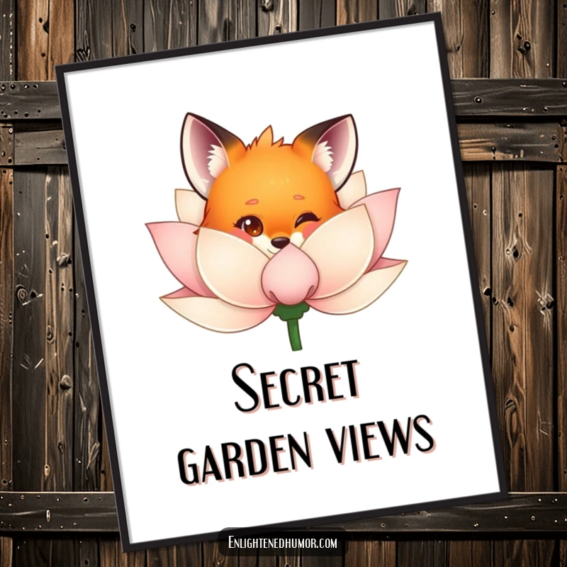 Funny fox digital art print of a curious fox peeking from behind a shimmering lotus flower, evoking playful discovery and natural beauty.
