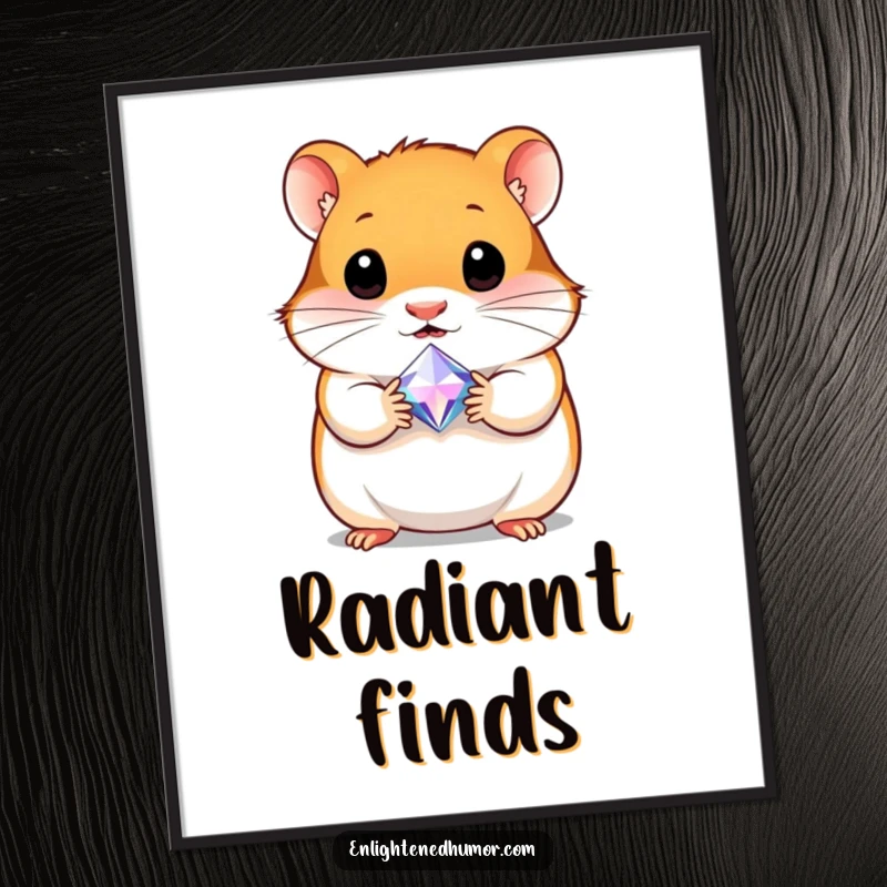 Funny digital art print of a curious hamster holding a tiny, radiant gem, symbolizing wonder, discovery, and precious moments.