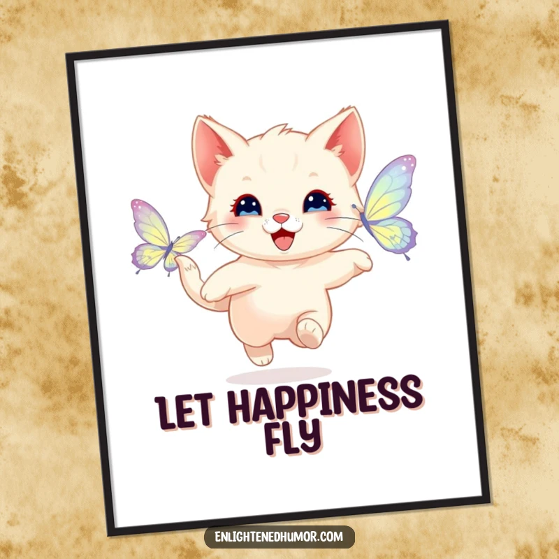 Funny digital art print of a happy kitten playfully chasing a shimmering butterfly with radiant wings, adding playful and humorous visual appeal.