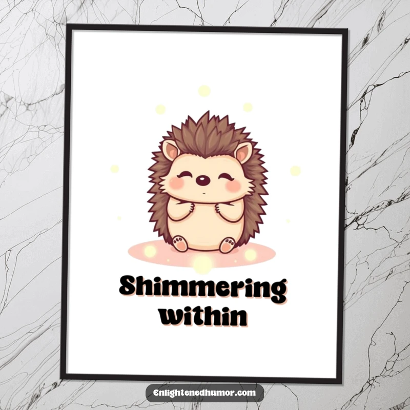 Funny kawaii hedgehog digital art print with a cute creature and peaceful energy orbs, offering instant serene decor.