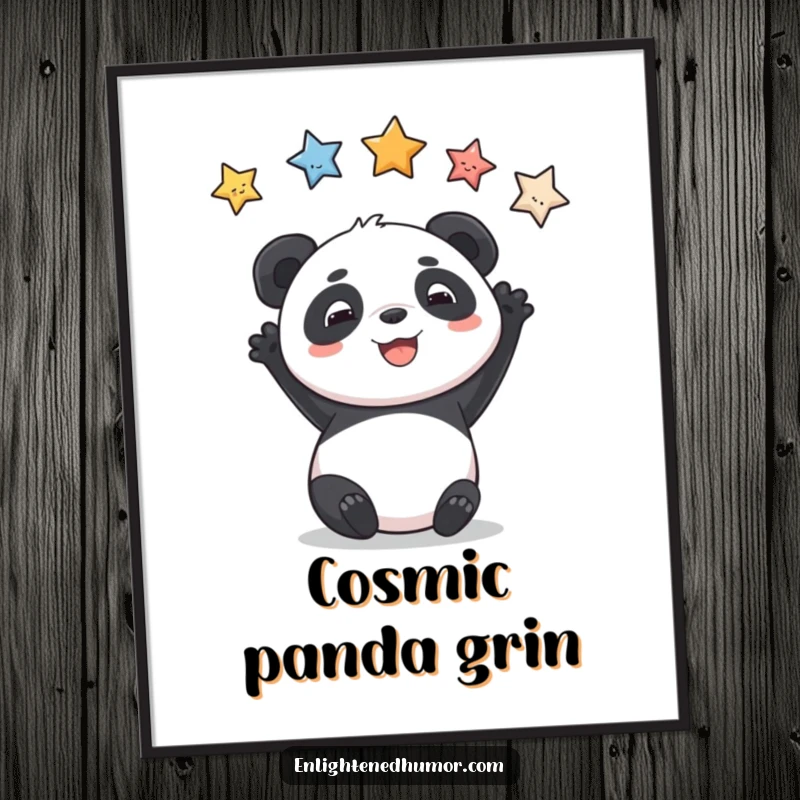 Funny digital art print of a smiling panda reaching for stars, ideal for instant download.