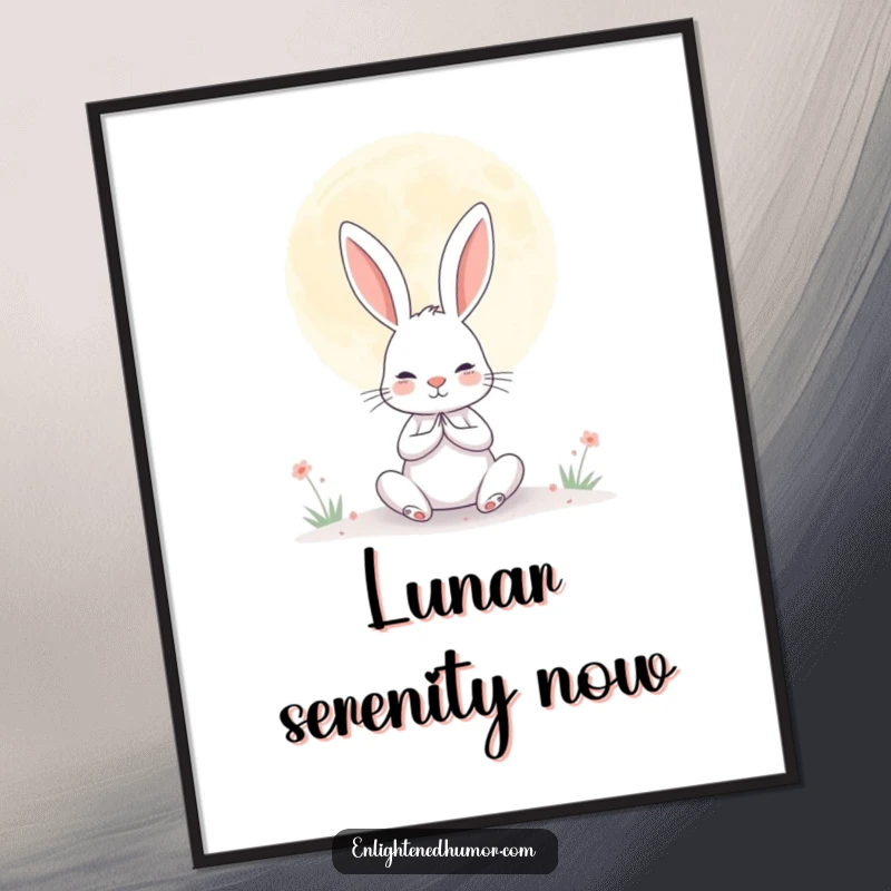 Funny digital art print of a determined rabbit meditating under a giant, serene moon, capturing a moment of humorous calm.