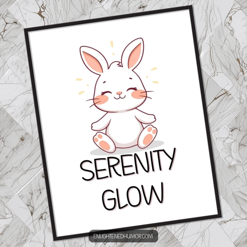 Funny rabbit digital art print of a smiling rabbit meditating peacefully, surrounded by a gentle halo of light, symbolizing serenity and humor.