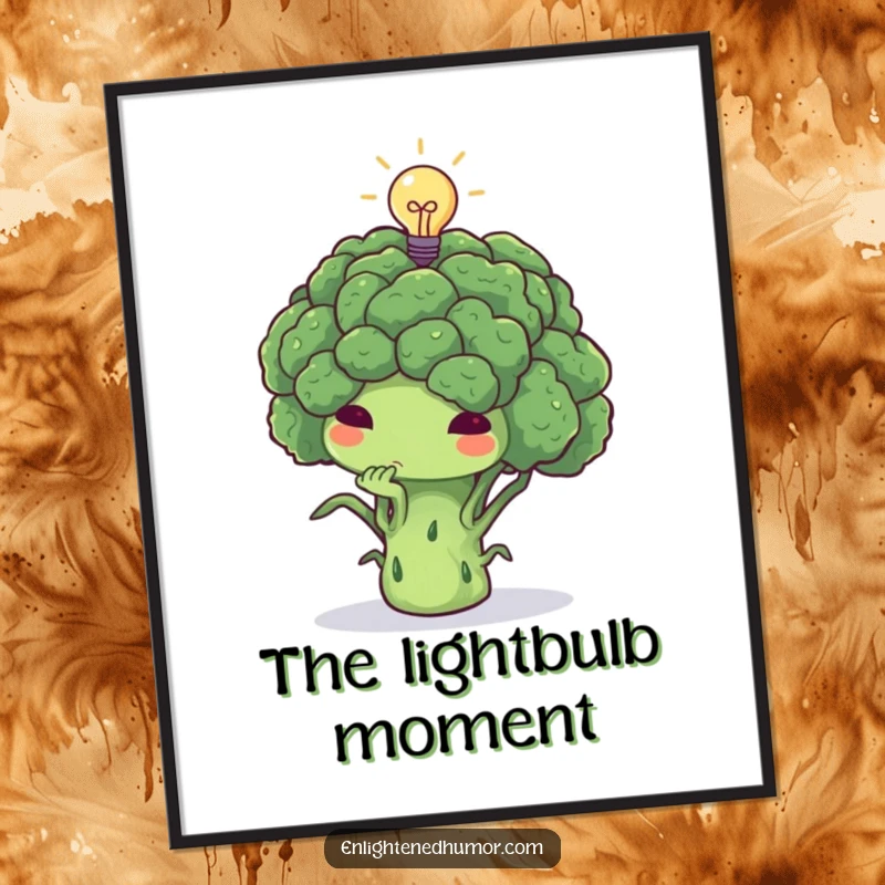 Funny broccoli digital art, thoughtful, deep in thought, tiny lightbulb above, printable smart decor.