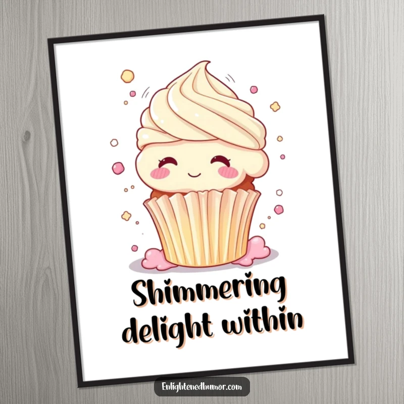 Funny cupcake digital art, dissolving into pure bliss, body shimmering, sweet shimmering wall decor, humorous print.