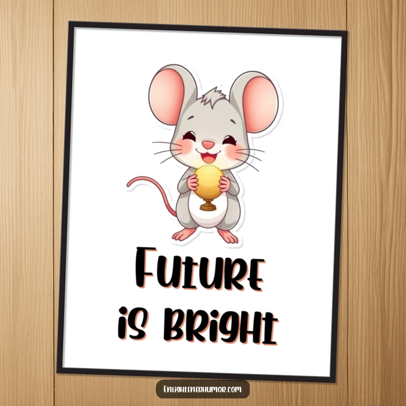 Funny digital art print of a cheerful mouse character holding a bright, radiant orb, adding delightful and humorous visual appeal.