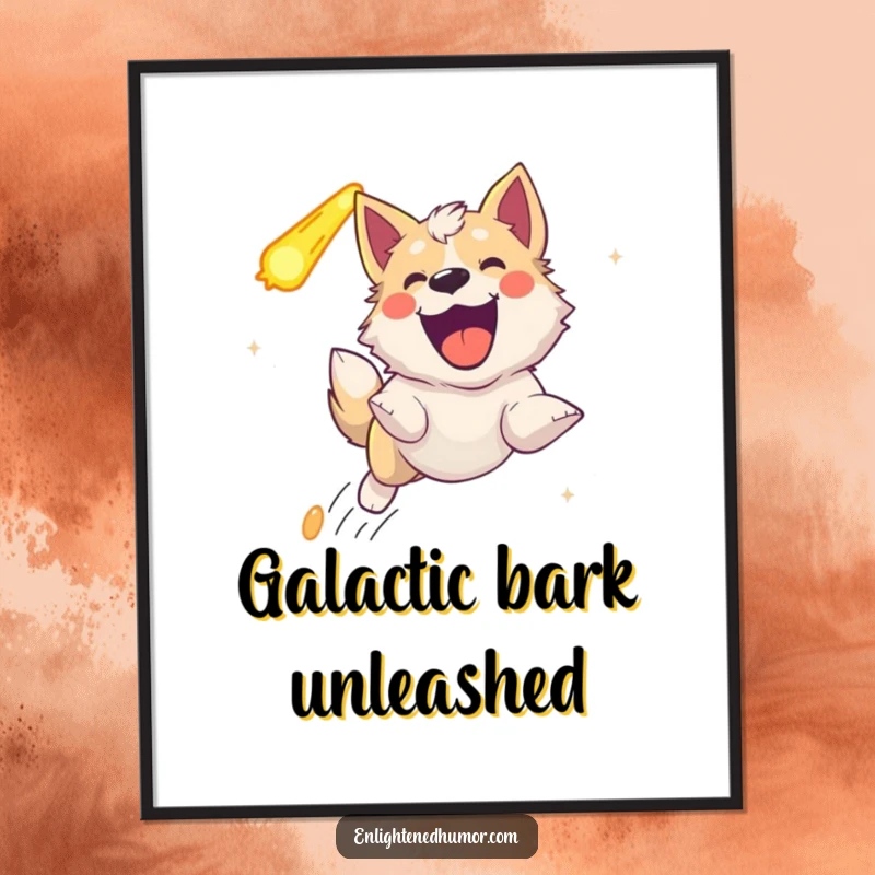 Funny celestial dog digital art print, capturing an ecstatic dog joyfully barking while chasing a comet in space.