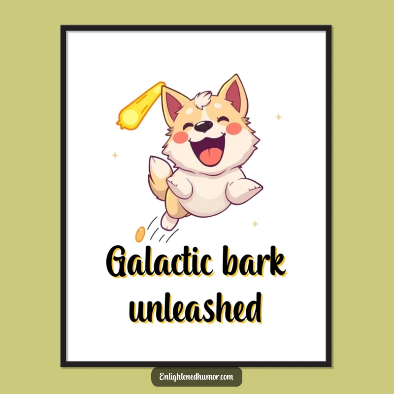 Funny Ecstatic Celestial Dog Digital Art: Joyful Comet Chase Wall Decor