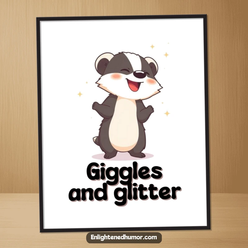 Funny digital art print of a giggling badger releasing sparkling dust, ideal for instant download.