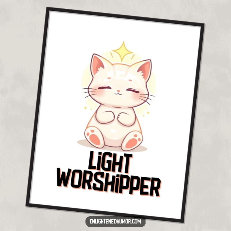 Funny celestial cat digital art print of an enlightened cat basking in a soft, ethereal light, capturing serene cosmic beauty.