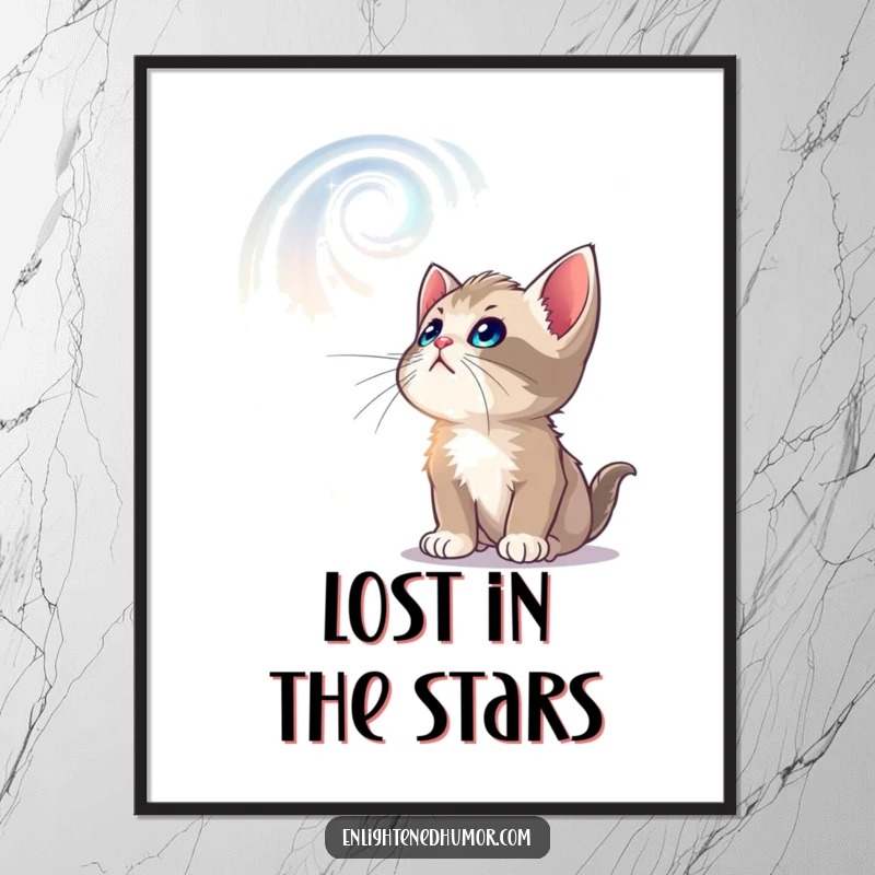 Funny digital art of a curious kitten gazing upwards at swirling, luminous celestial patterns, ready to inspire awe.