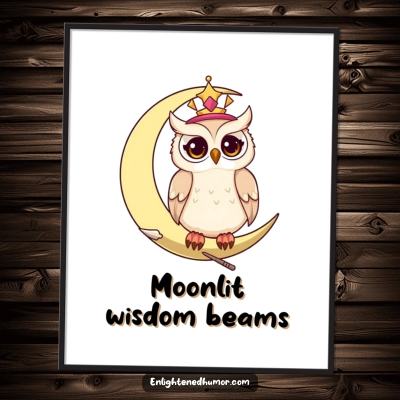 Funny celestial owl digital art print, showing a wise owl on a crescent moon with twinkling eyes.