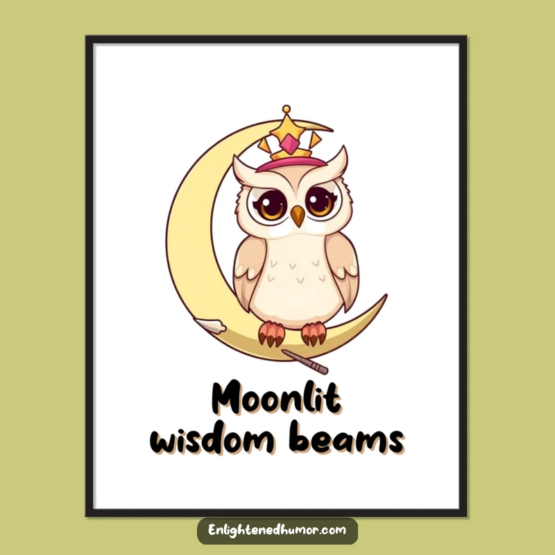 Funny Wise Celestial Owl Digital Art: Twinkling Moon Wall Decor