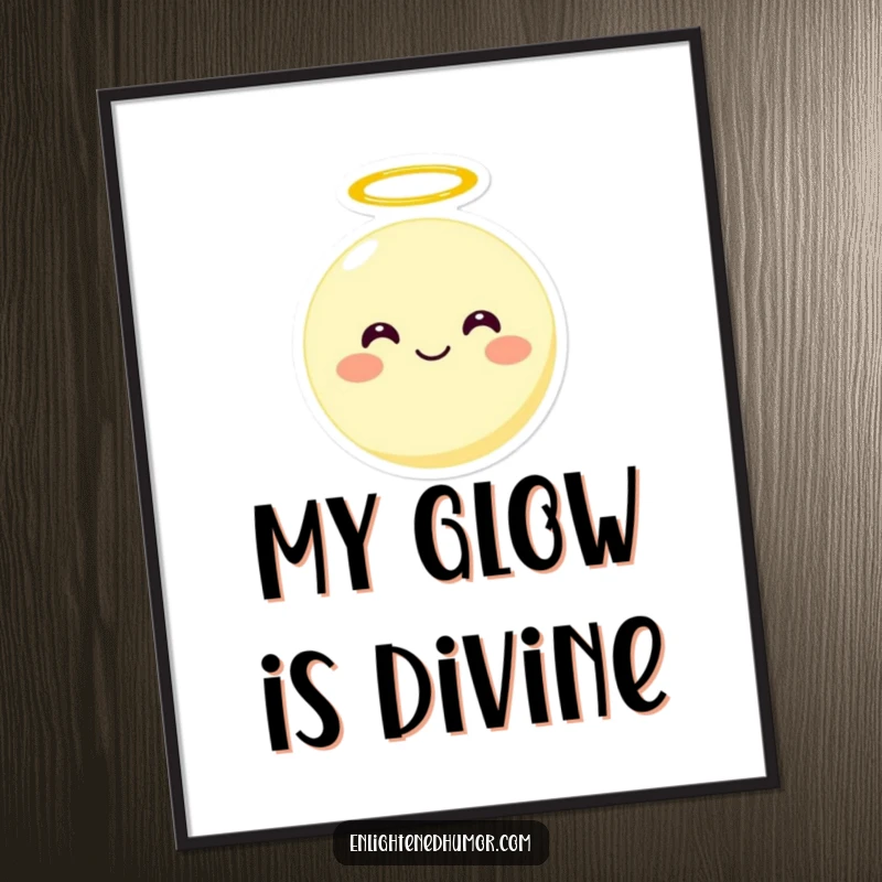 Funny smiling round moon character with a halo floating upwards, digital artwork, printable and humorous celestial design.