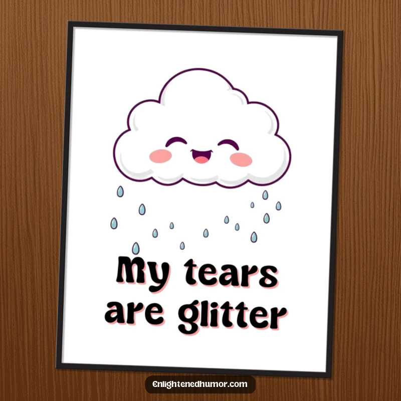 Funny laughing cloud character raining gentle, sparkly droplets, digital artwork, printable and whimsical funny design.
