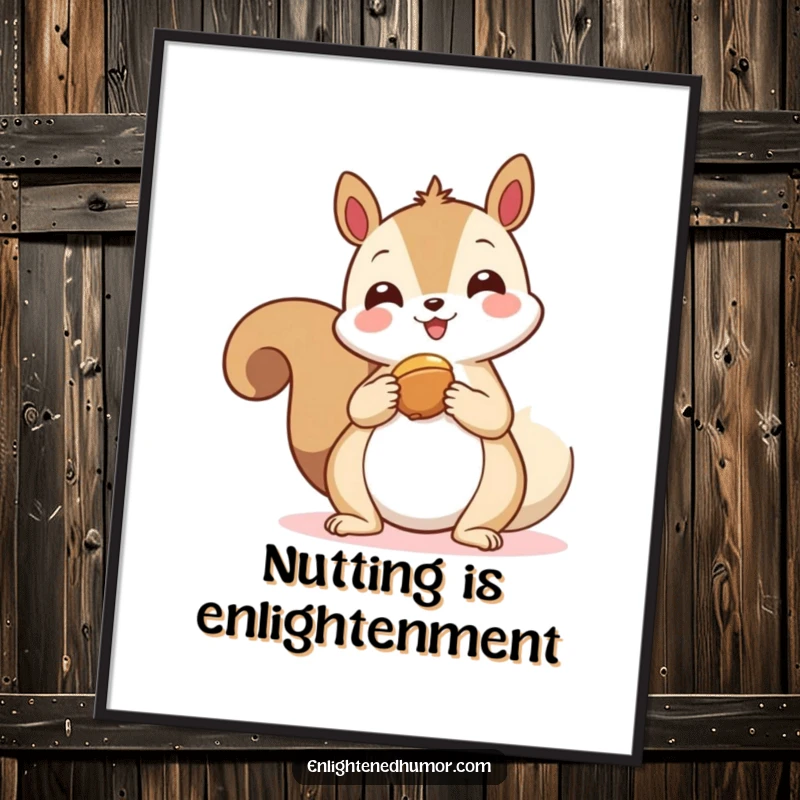 Funny kawaii squirrel spirit digital art print, a happy squirrel offering a nut to a floating spiritual symbol, adding kindness.